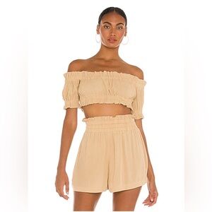 Lovers + Friends Tan Ruffled Off-Shoulder Blouse & Shorts Top is a S Bottom XS